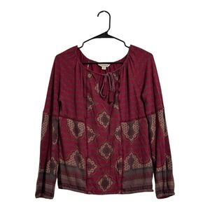 Lucky Brand Burgundy Boho Medallion Print Tassel Peasant Top Knit Women's Small